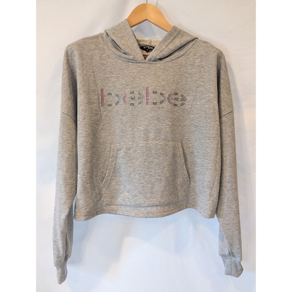 Bebe Sport Womens XL Heather Grey Nailhead Logo Cropped Hoodie BB2367B NWT